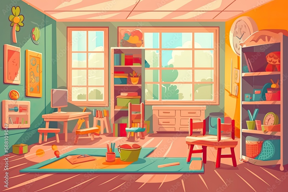 colorful and playful childs bedroom filled with toys and bookshelves. Generative AI