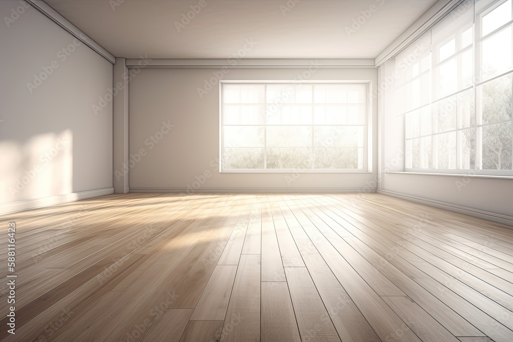 Illustration of an empty room with a spacious window and warm wooden flooring. Generative AI