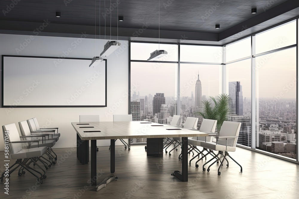 modern conference room with panoramic view of the city skyline. Generative AI