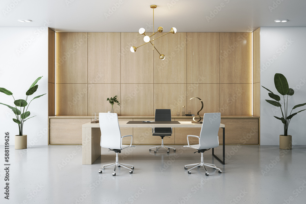 Modern loft wooden office interior with furniture, equipment and decorative plants, various items. 3