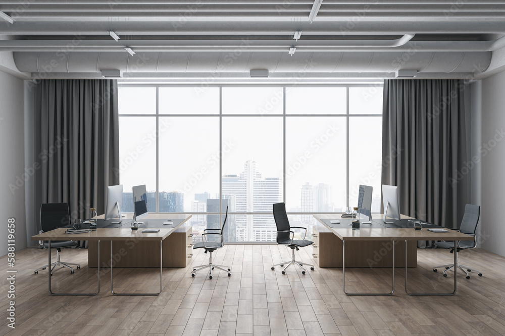 Luxury coworking office interior with wooden flooring, panoramic window and city view, curtains, fur