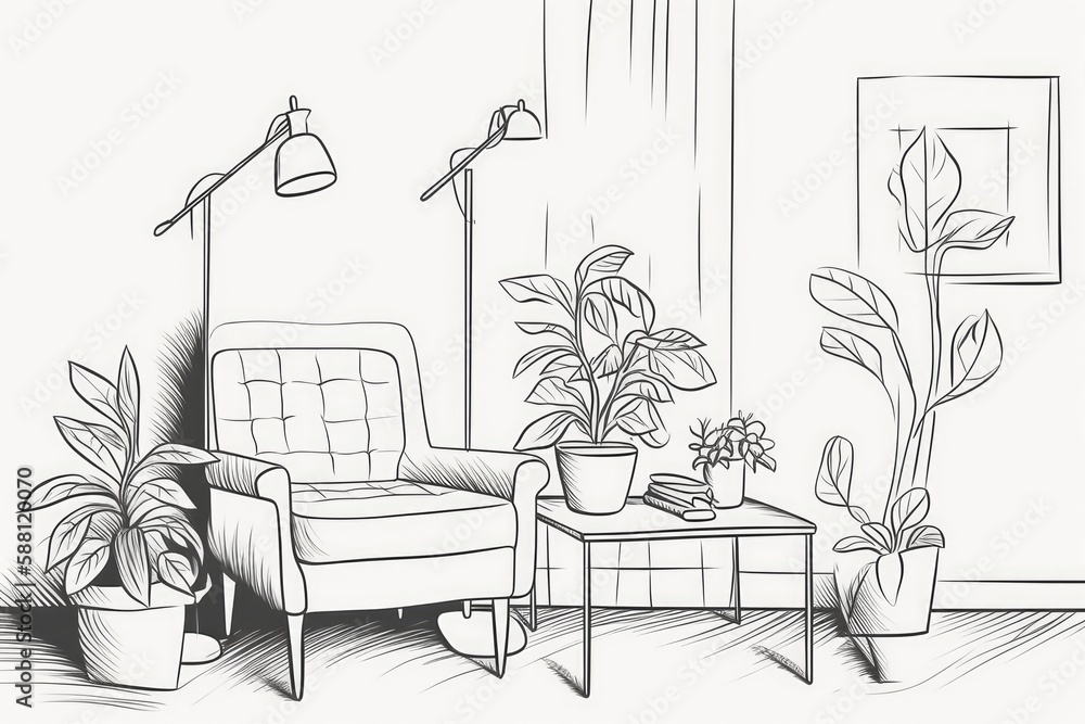 cozy living room in black and white. Generative AI