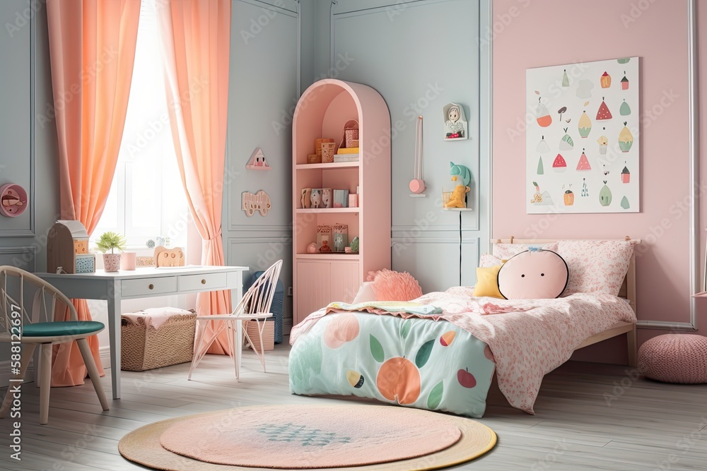 cozy and colorful bedroom for a young girl. Generative AI