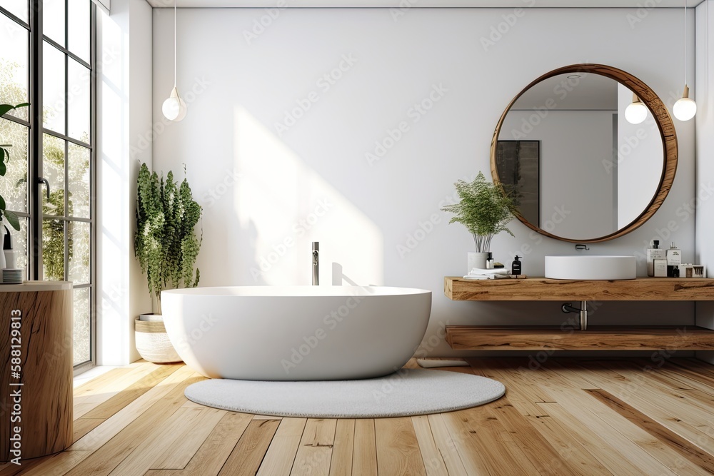 minimalist bathroom with a white bathtub on wooden flooring. Generative AI