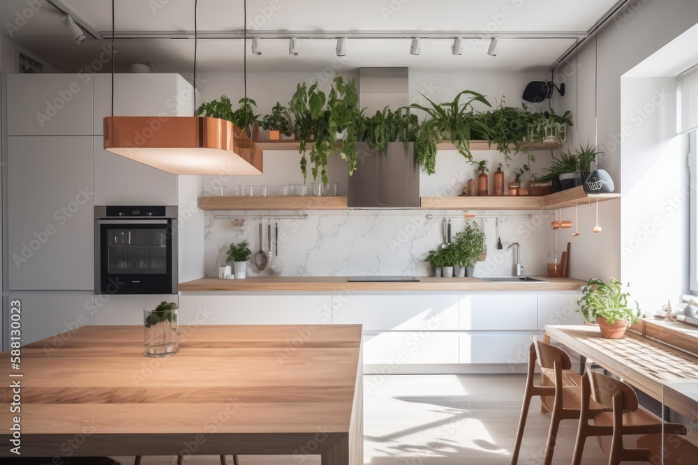 vibrant kitchen filled with green plants and a rustic wooden table. Generative AI