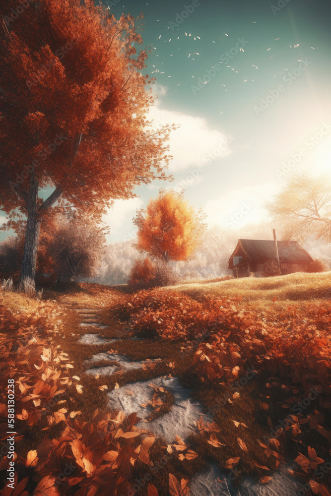 Magic autumn fall background. Illustration AI Generative