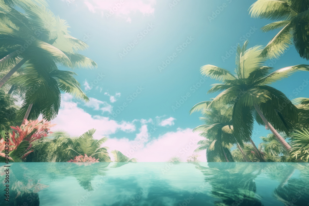 Summer tropical background with copy space. Illustration AI Generative