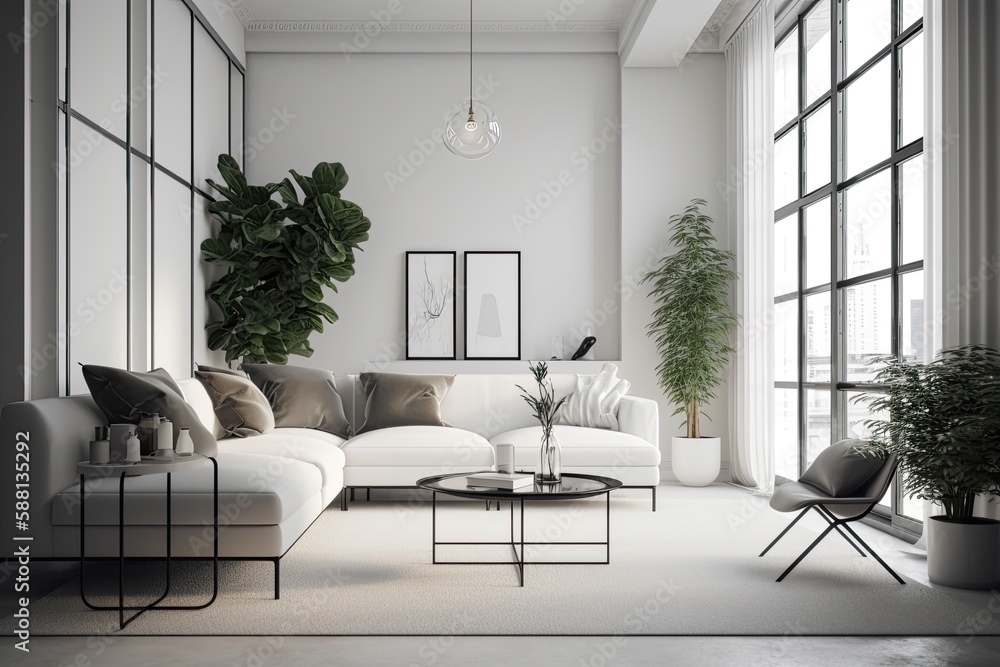 cozy living room with furniture and greenery. Generative AI