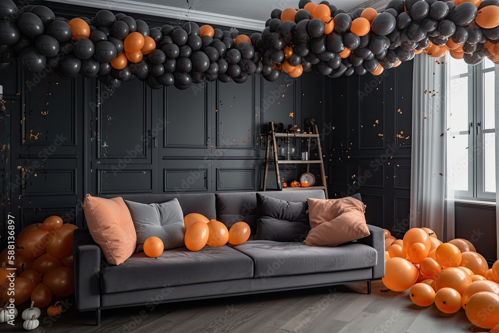 Colorful Living Room Filled with Floating Balloons. Generative AI