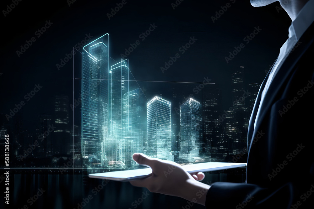 Digital tablet and a hologram of modern buildings, Illustration AI Generative.