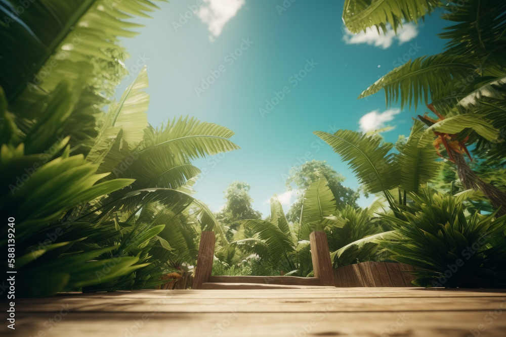 Summer tropical background with copy space. Illustration AI Generative