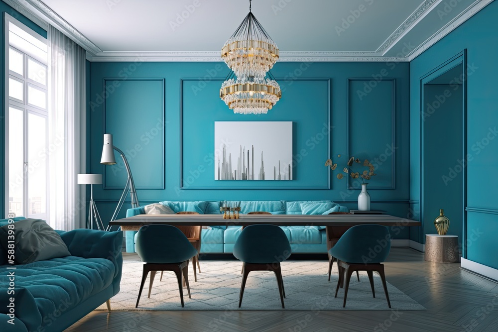 cozy living room with elegant blue walls and a sparkling chandelier. Generative AI