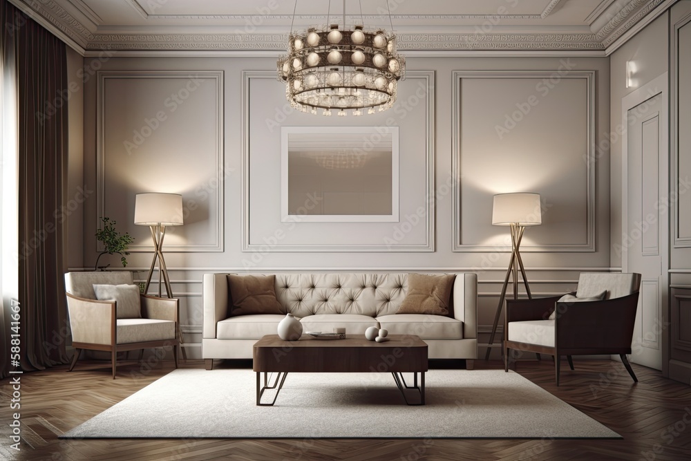 luxurious living room with elegant furniture and a sparkling chandelier. Generative AI