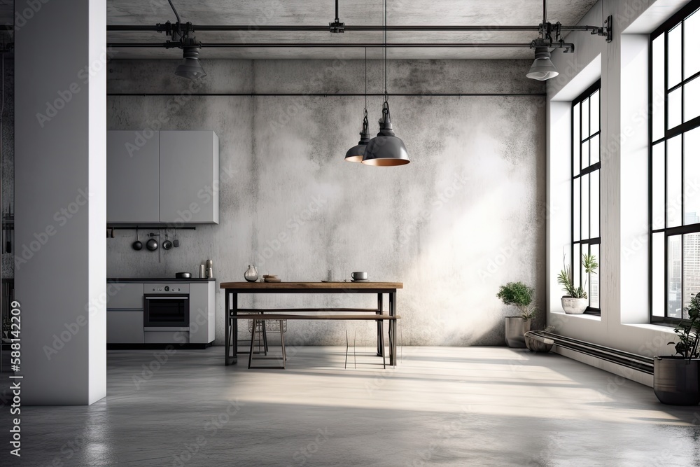 modern kitchen with pendant lights over a dining table. Generative AI