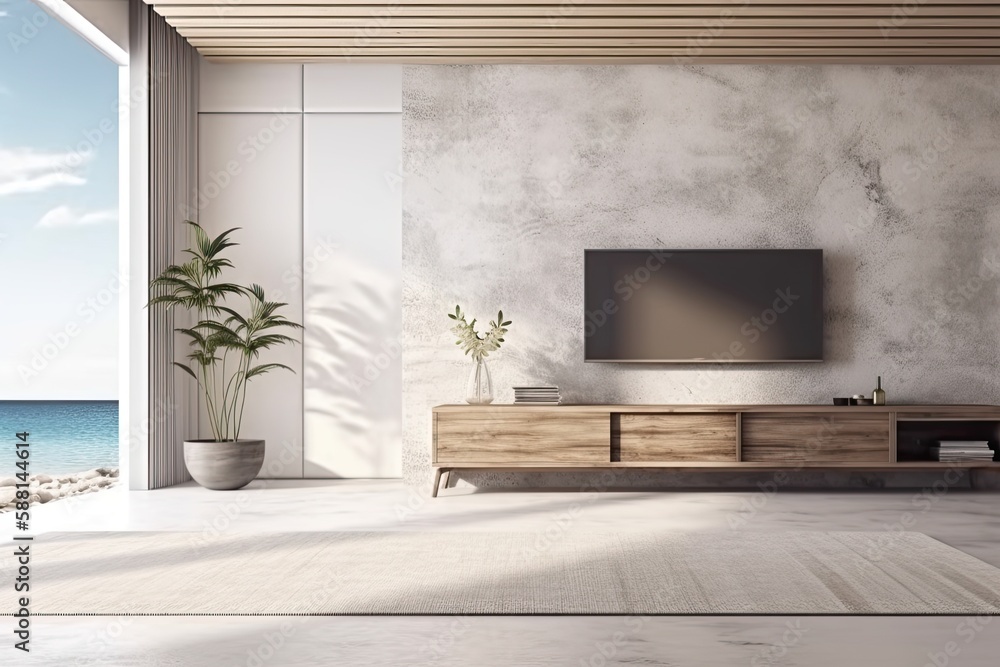 modern living room with a large TV on a sleek stand. Generative AI