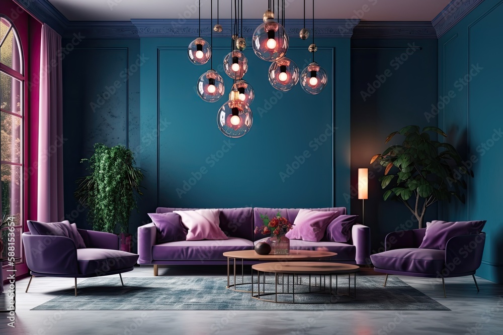 Luxurious Purple Living Room with Elegant Chandelier. Generative AI