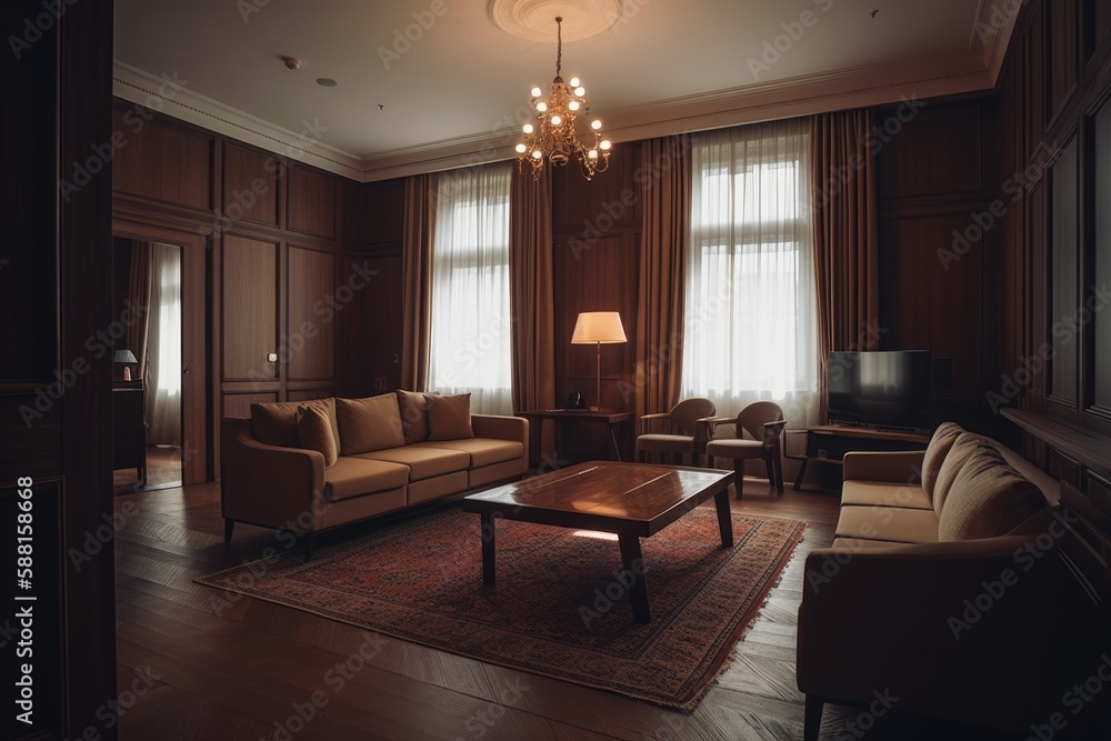 Luxurious Living Room with Elegant Furniture and a Sparkling Chandelier. Generative AI