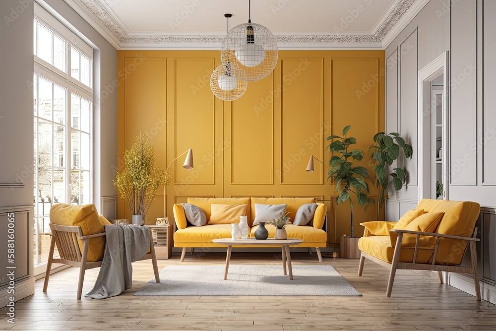 cozy living room with warm yellow walls and matching furniture. Generative AI