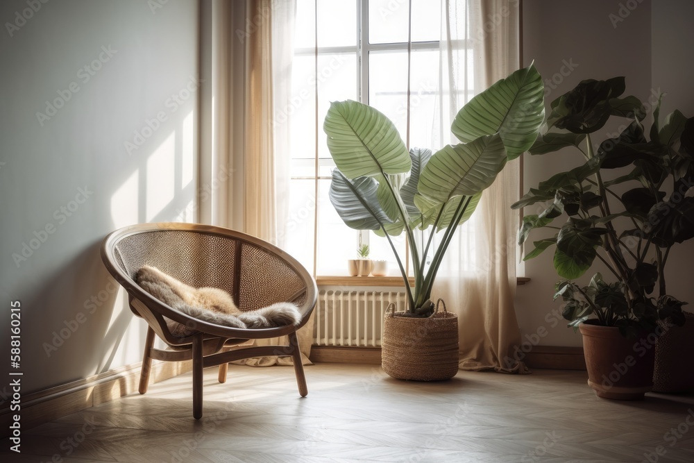 Illustration of an empty room with natural light streaming in through large windows and a patterned 