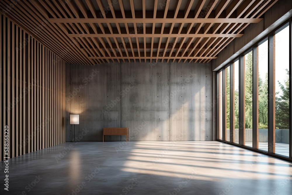 Illustration of an empty room with natural light coming through large windows and a wooden bench in 