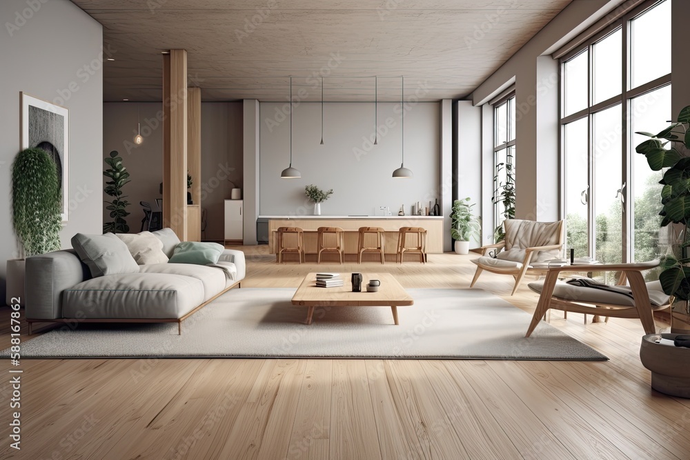 spacious and cozy living room with ample natural light from large windows. Generative AI