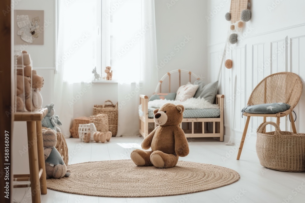 cute teddy bear sitting on a colorful rug in a cozy childs room. Generative AI