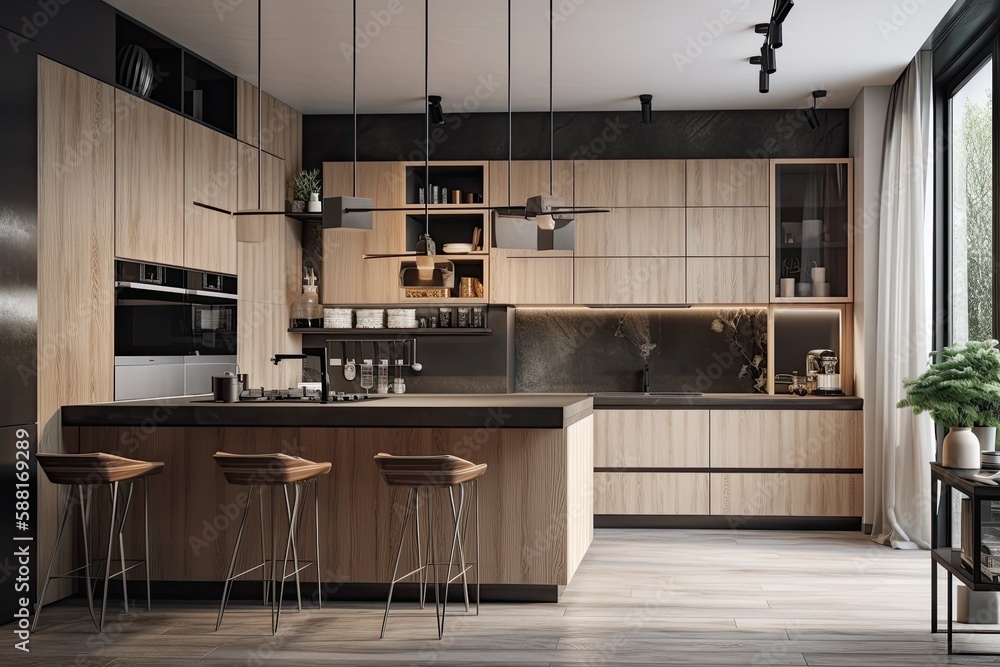 spacious kitchen design with ample counter space and seating options. Generative AI