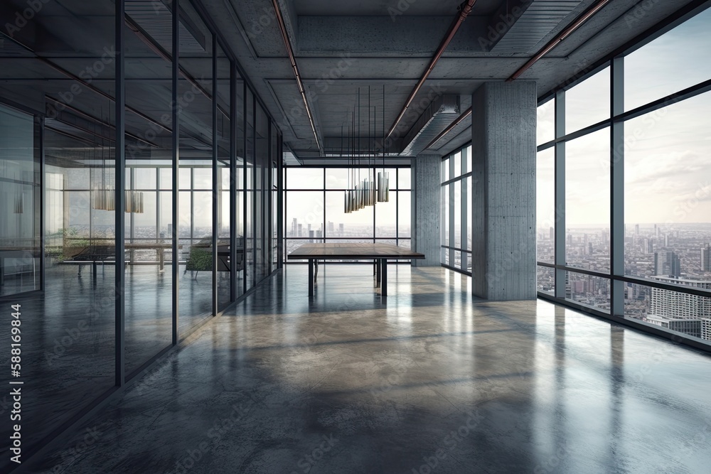 Illustration of an Empty Room with Stunning City Views from Large Windows. Generative AI