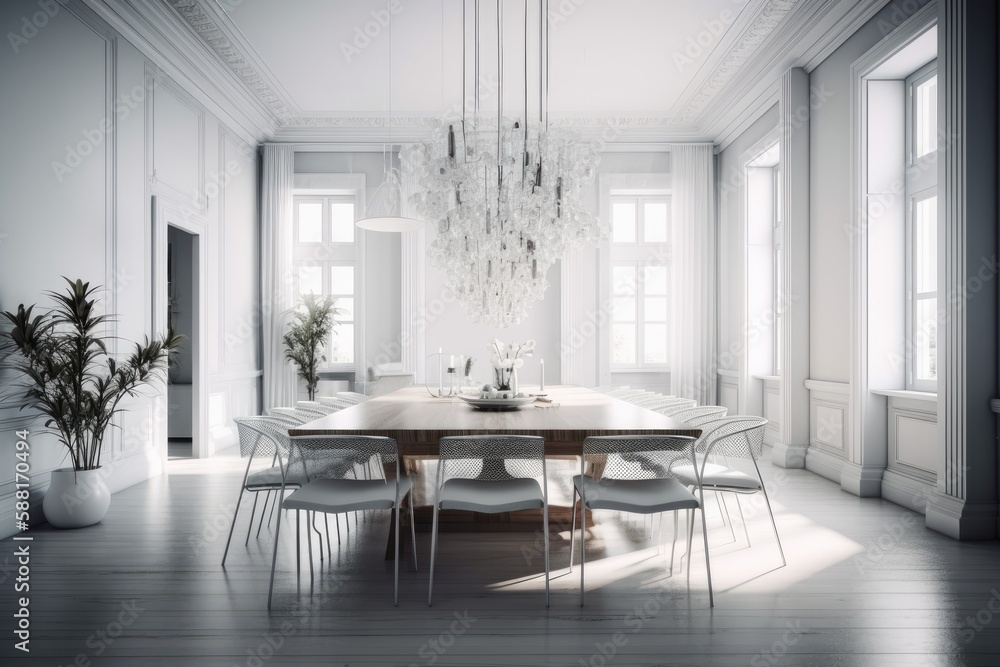 Illustration of an elegant dining room with a stunning chandelier as the centerpiece. Generative AI