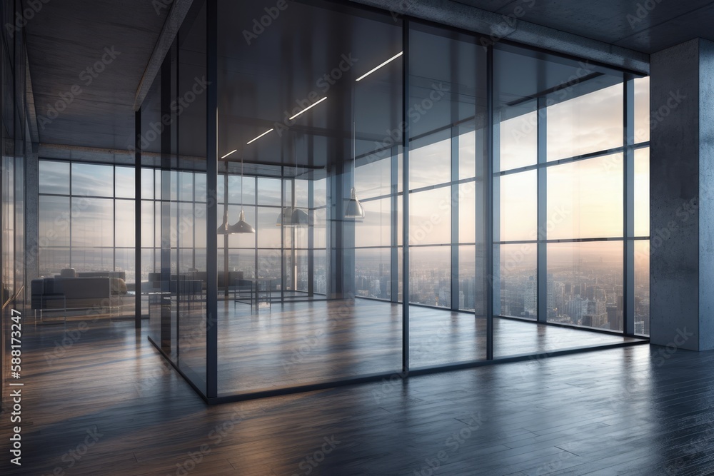 Illustration of an empty room with panoramic windows offering a view of a bustling city. Generative 