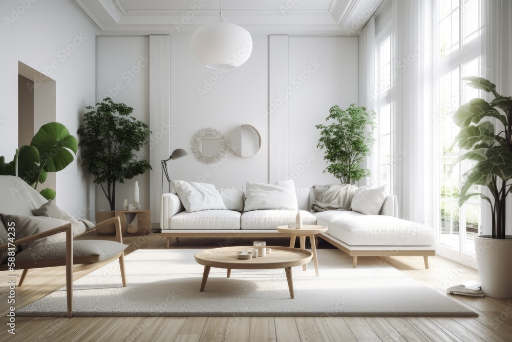 cozy living room with plants and furniture. Generative AI