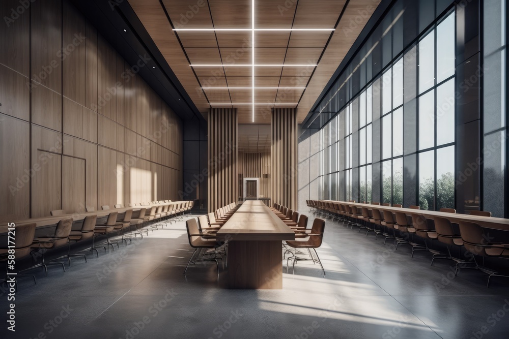 conference room with a modern long table and comfortable chairs. Generative AI