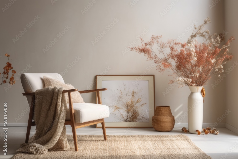 cozy room with a comfortable chair and a vase filled with fresh flowers. Generative AI