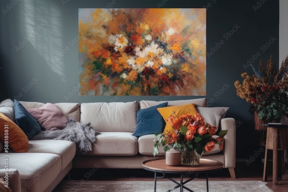 cozy living room with stylish furniture and an art piece hanging on the wall. Generative AI