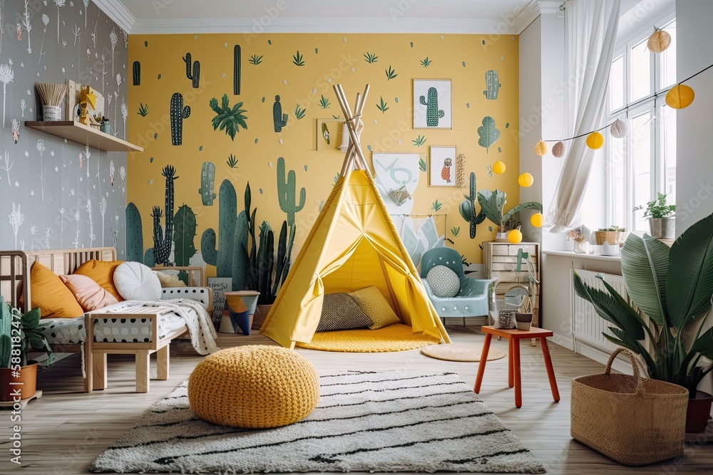 cozy living room with a teepee tent and desert-inspired wallpaper. Generative AI