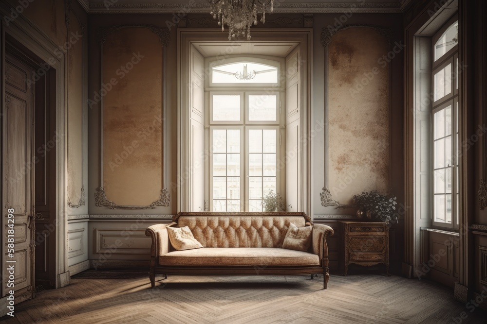 Illustration of an elegant living room with a luxurious couch and a sparkling chandelier. Generative