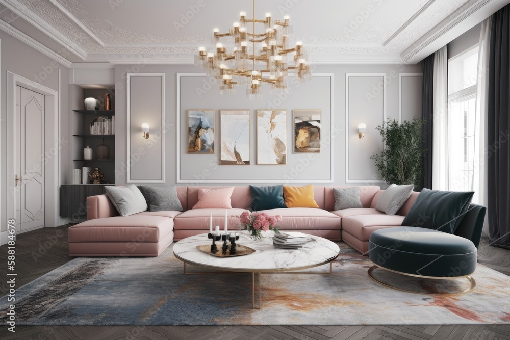 classic living room with elegant furniture and a sparkling chandelier. Generative AI