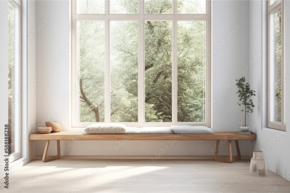 cozy room with a window seat and a bench. Generative AI