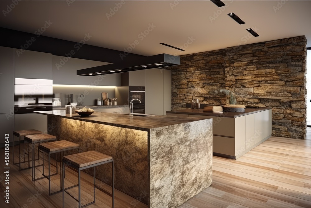 contemporary kitchen featuring a stone accent wall and hardwood floors. Generative AI