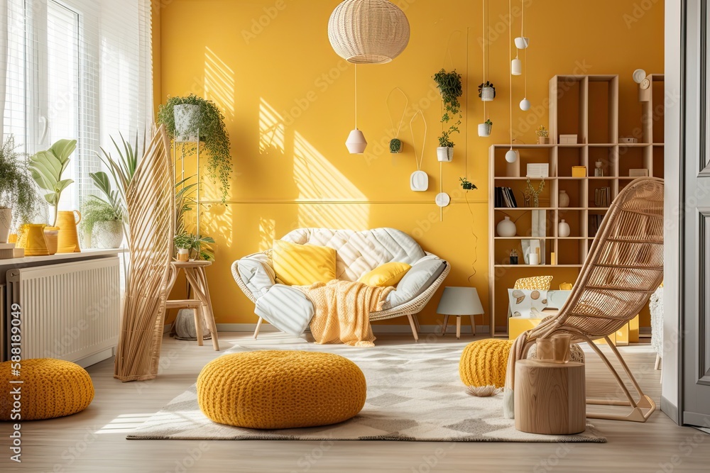 cozy living room with vibrant yellow walls and matching furniture. Generative AI