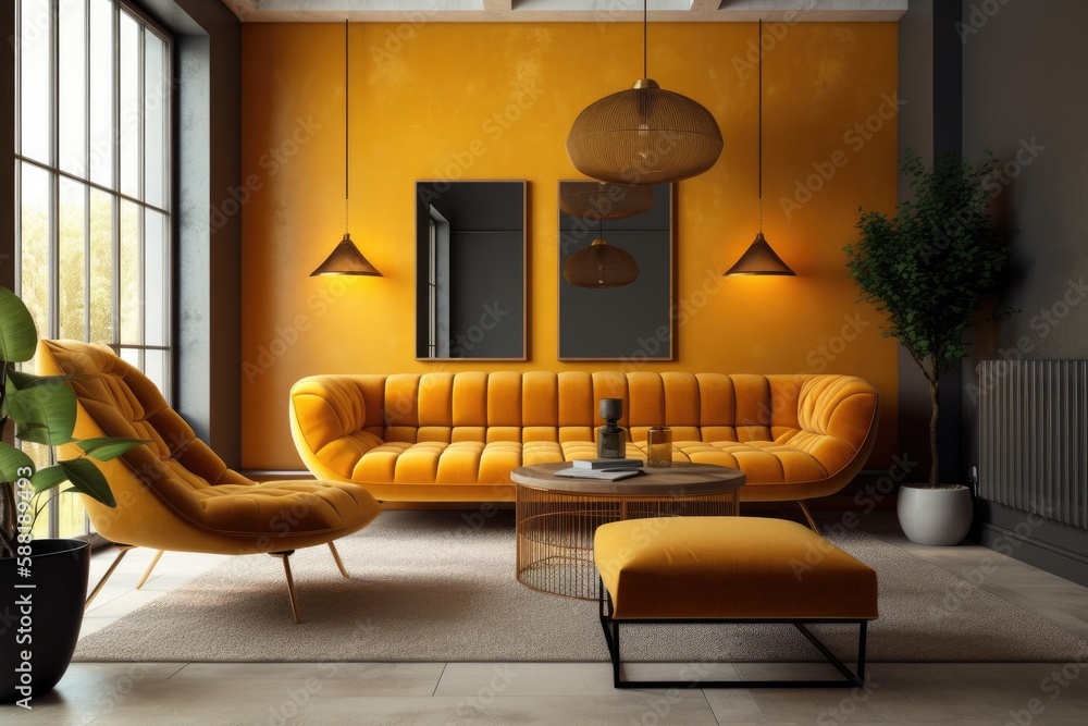 modern living room with yellow walls and furniture. Generative AI