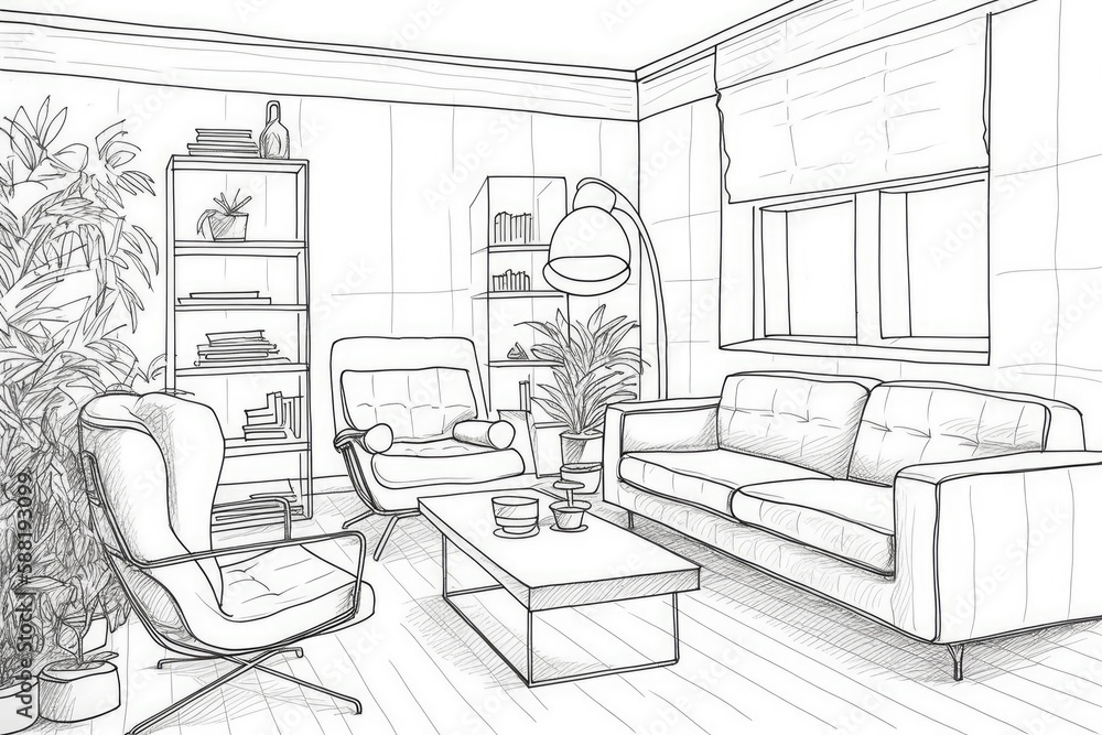 cozy living room with comfortable seating and a central coffee table. Generative AI