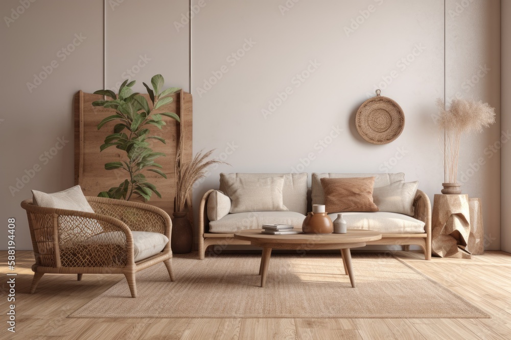 cozy living room with modern furniture and a potted plant. Generative AI