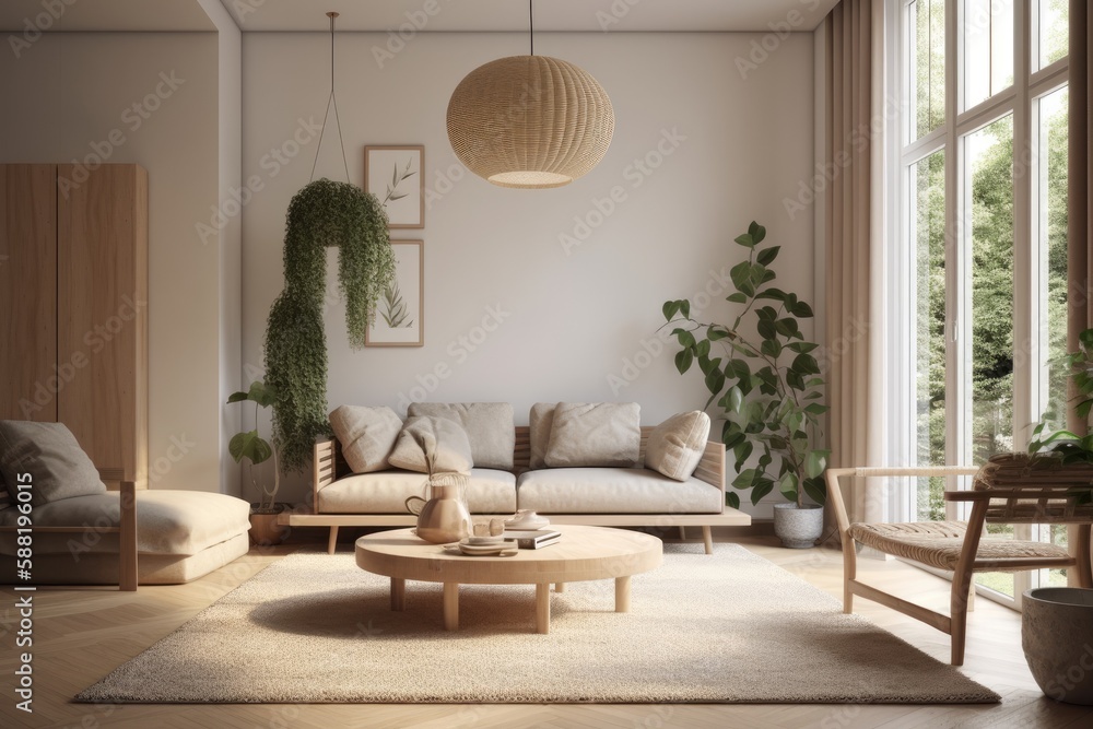 cozy living room with natural lighting from a large window. Generative AI