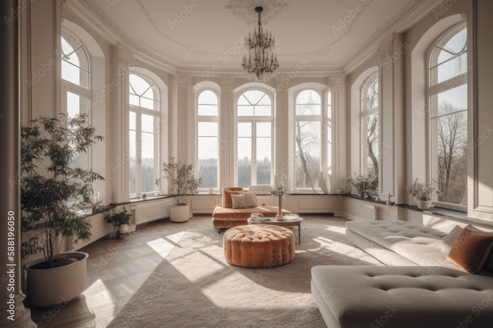 Bright and Spacious Living Room with Abundant Natural Light and Cozy Furniture. Generative AI