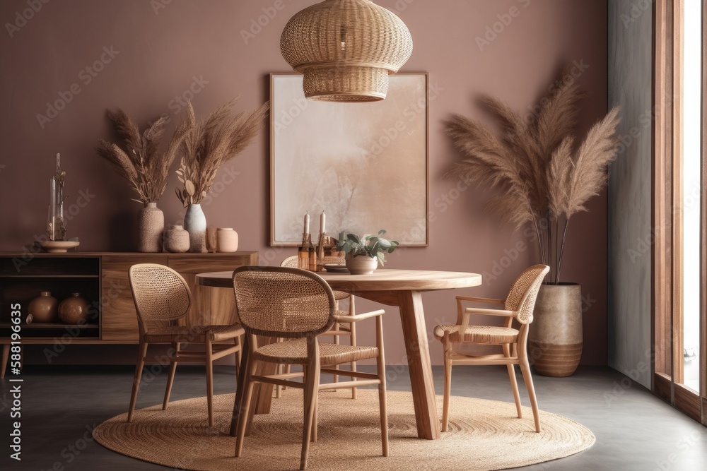 modern dining room with a sleek round table and matching chairs. Generative AI