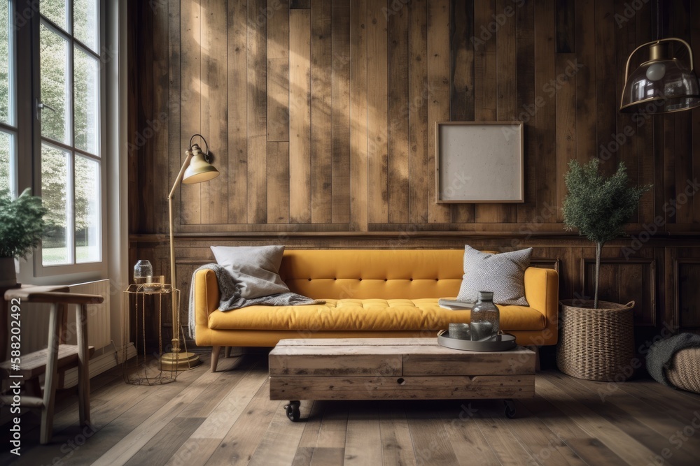 cozy living room with warm wooden walls and a bright yellow couch. Generative AI