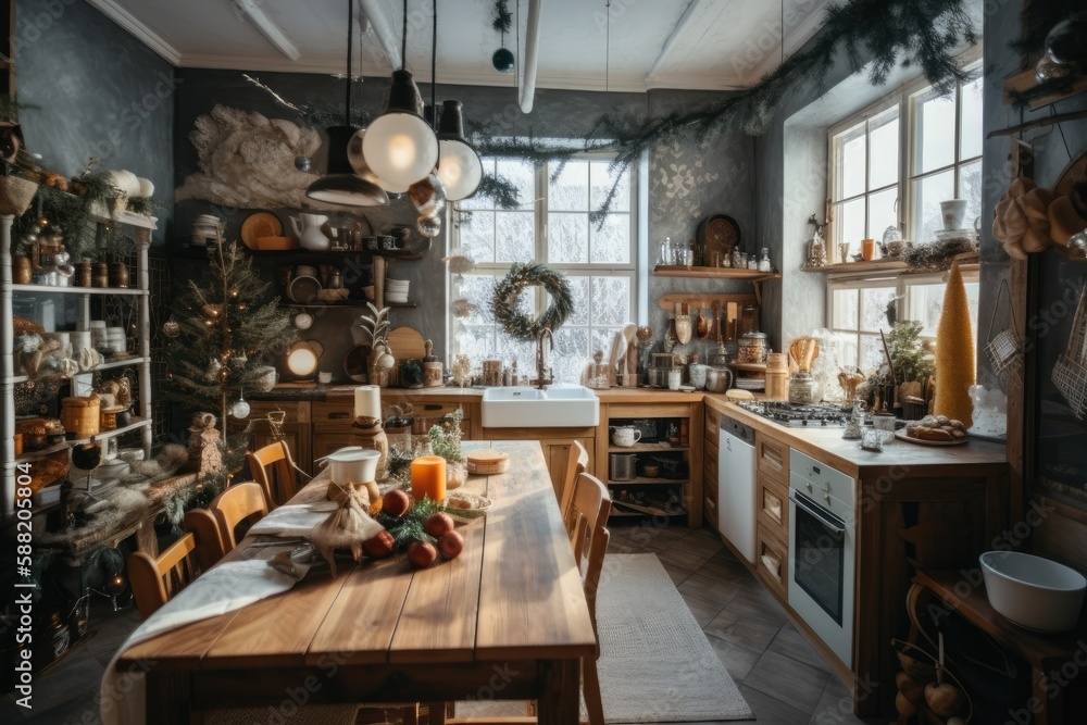 rustic kitchen with wooden furniture and decor. Generative AI