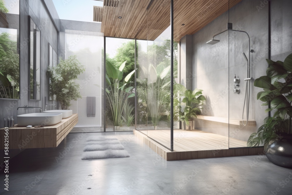 Illustration of modern bathroom with spacious glass shower and sleek sink. Generative AI