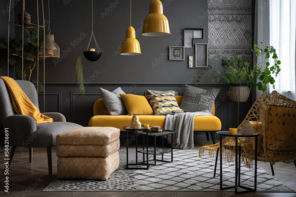 modern living room with grey walls and pops of yellow decor. Generative AI